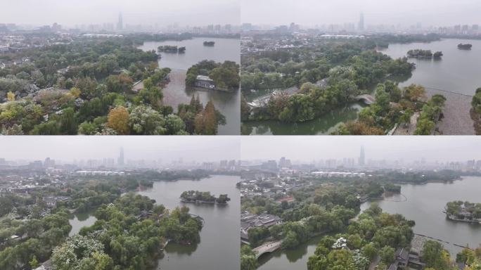 航拍济南大明湖雪景