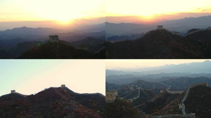 中国古代长城夕阳山河万里风景航拍4K