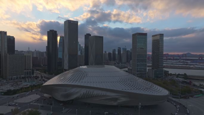 大连东港商务区日落航拍