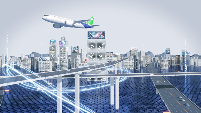 明亮虚拟未来感科技地球城市连接穿梭云计算