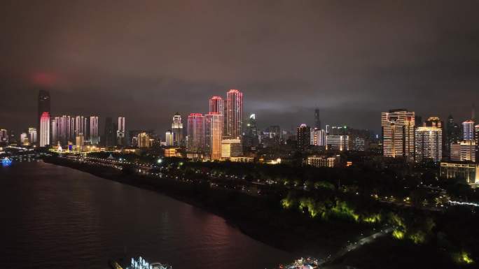 航拍湖北武汉江岸区滨江城市风光夜景