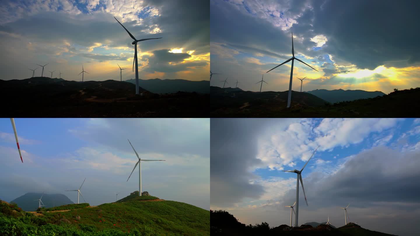 山区的风力发电厂与朝霞