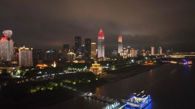 航拍湖北武汉江岸区滨江城市风光夜景