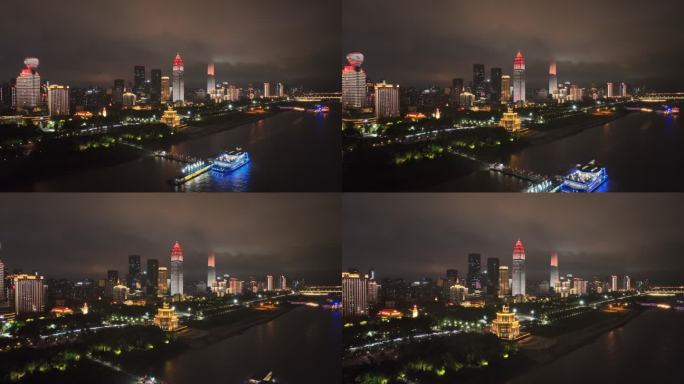 航拍湖北武汉江岸区滨江城市风光夜景