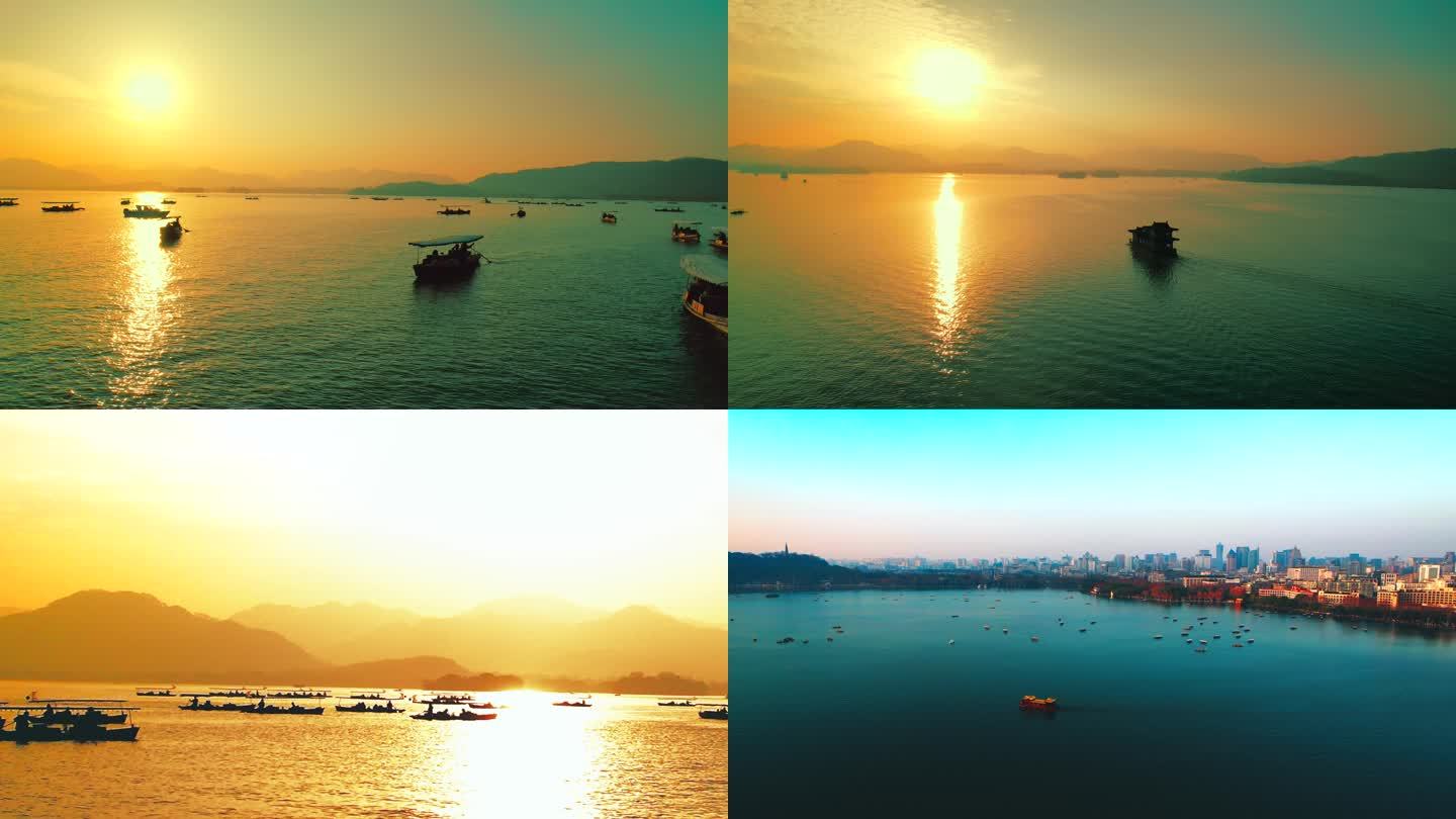 杭州西湖夕阳航拍