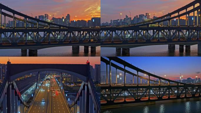航拍杭州钱塘江上的大桥新彭埠大桥夕阳大片