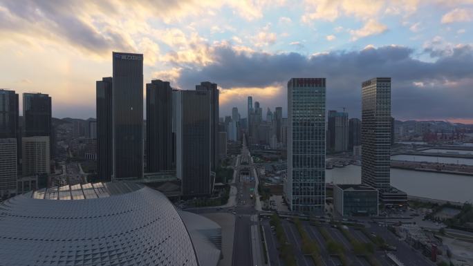 大连东港商务区日落航拍