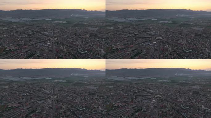 航拍清晨的新疆特克斯八卦城全景