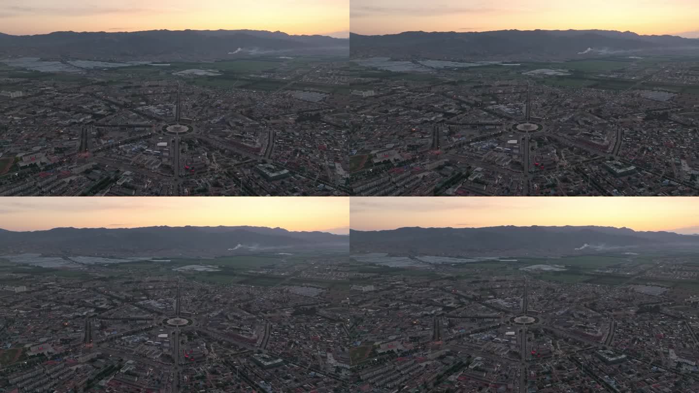 航拍清晨的新疆特克斯八卦城全景