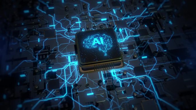 大脑电路板上的中央处理器单元，人工智能AI，深度学习现代计算机技术。未来网络技术创新，3D渲染背景