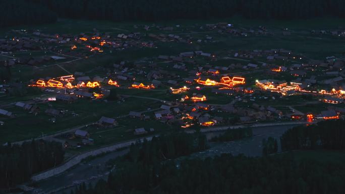 航拍夏季的新疆禾木村夜景