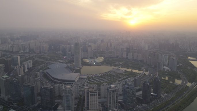 航拍郑州郑东新区如意湖CBD夜景