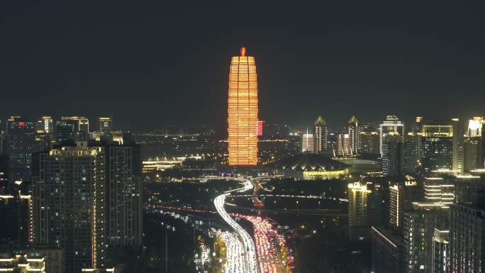 航拍郑州郑东新区如意湖CBD夜景