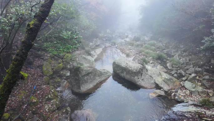 安徽大别山秋季天堂寨森林瀑布雾景