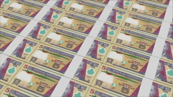 5张由货币印刷机印刷的危地马拉QUETZAL纸币