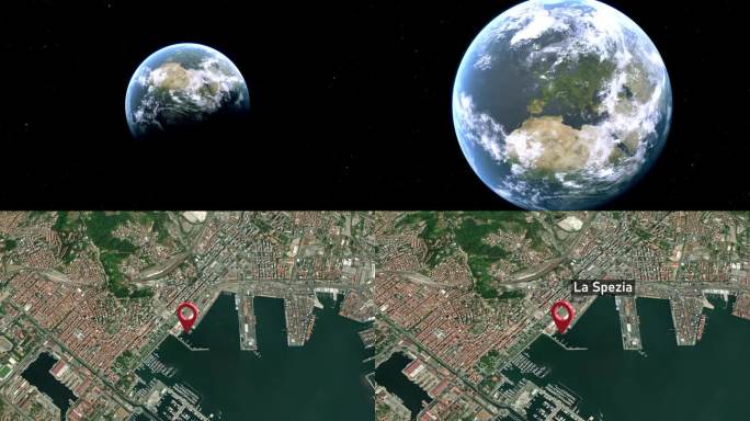 拉斯佩齐亚城市地图从太空到地球缩放，意大利