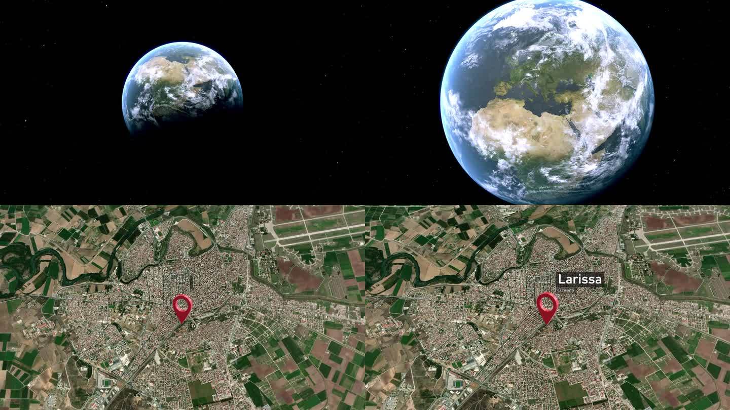 拉里萨城市地图从太空到地球的缩放，希腊