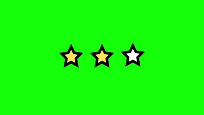 三星评级动画。一套星星。绿色背景二星评级。产品质量，反馈，客户评价。
