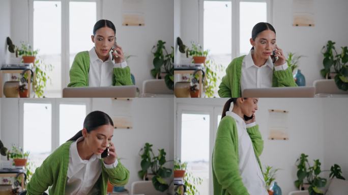 情绪激动的女士喊着电话给房子打特写。紧张的女人在泡茶