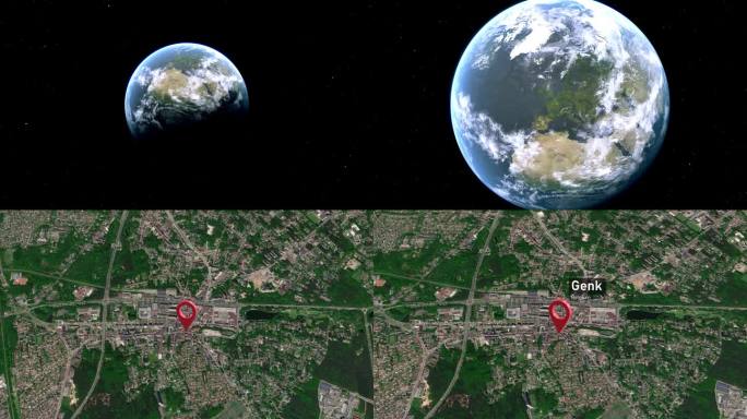 Genk城市地图缩放从太空到地球，比利时