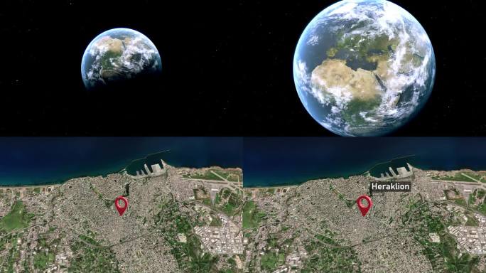 伊拉克利翁城市地图从太空缩放到地球，希腊