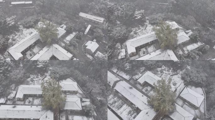 航拍山东昆嵛山无染寺景区的冬日飞雪