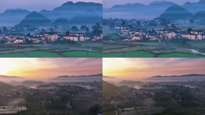 清晨的村庄，朝霞，雾