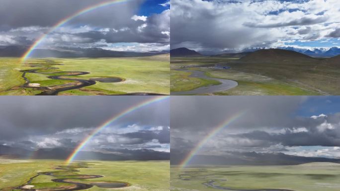 航拍西藏佩枯错草原彩虹自然风光