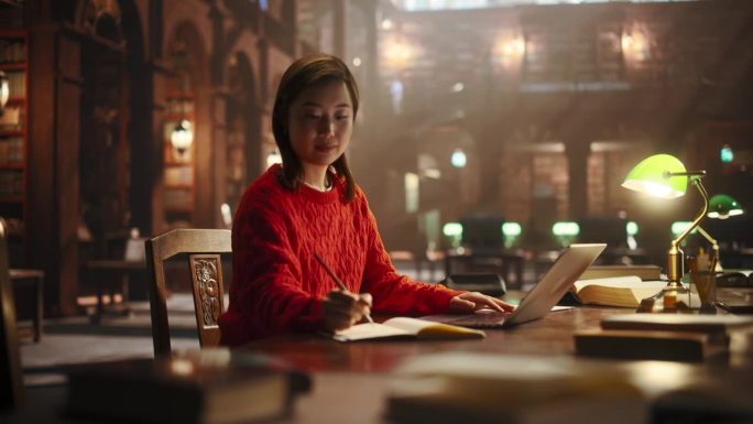 快乐专注的亚洲学生在传统图书馆学习。年轻女性使用笔记本电脑进行大学研究项目，在线阅读学术书籍和期刊