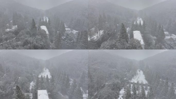 航拍山东昆嵛山无染寺景区的冬日飞雪