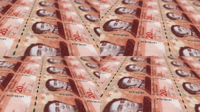 委内瑞拉，委内瑞拉玻利瓦尔印刷机打印出当前的玻利瓦尔钞票，无缝循环，委内瑞拉货币货币背景，4K，聚焦