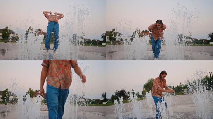 在城市喷泉表演后空翻的年轻男霹雳舞演员