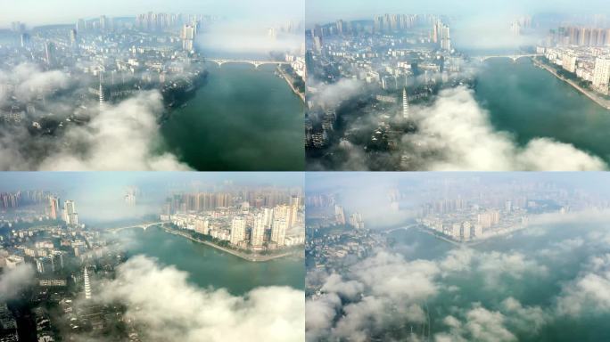 重庆合川城市大景平流雾三江汇航拍