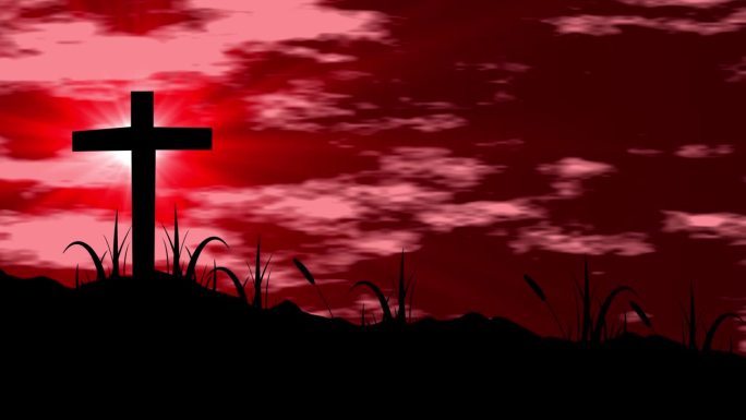 耶稣基督在十字架上与明亮的阳光效果。动画背景与明亮的光闪耀效果，耶稣被钉在山顶上的十字架和背后的云和