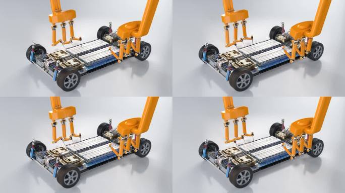 机器人手臂在电动汽车平台上制造电池组4k镜头