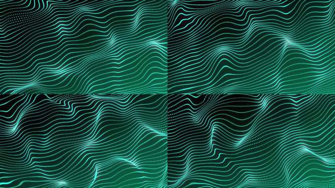 动态粒子声流波流过暗。美丽的绿色霓虹波状发光点阵列。现代网络光数据技术。未来的网格或声音网格。