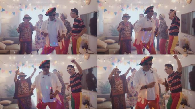 在派对上，穿着五颜六色衣服的亚洲男人拿着啤酒，伴着他们最喜欢的歌曲跳舞。