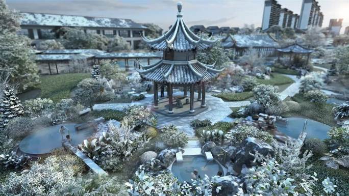 新中式园林冬景三维动画