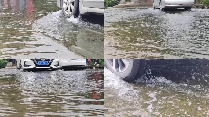 汽车开过水面 轮胎特写车轮过水近距离拍摄