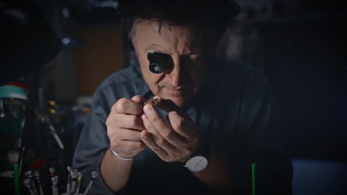 男钟表匠带着眼镜在工作室组装手表