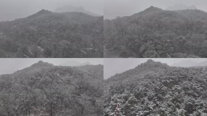 航拍山东昆嵛山无染寺景区的冬日飞雪