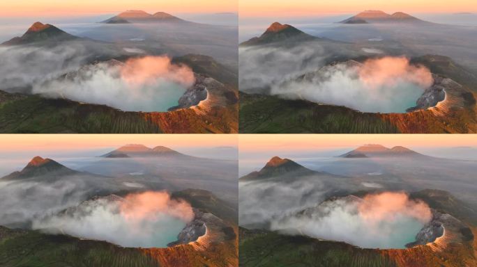 鸟瞰图环绕卡瓦伊真火山，火山口上有烟雾，绿松石湖，印度尼西亚爪哇一座活火山的硫磺开采