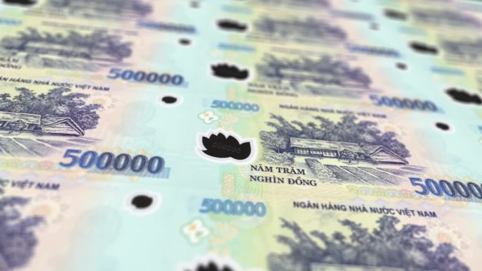 越南越南印钞机打印出当前的越南纸币，无缝循环，越南货币货币背景，4K，聚焦深度平滑和尼斯股票视频