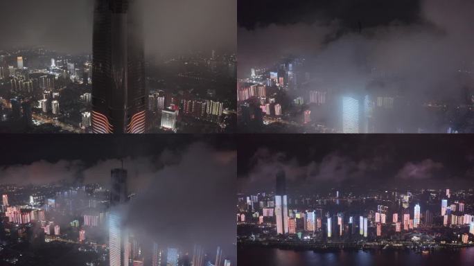 武汉绿地中心606地标建筑穿云航拍夜景
