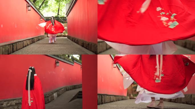 红墙女子背影奔跑伞