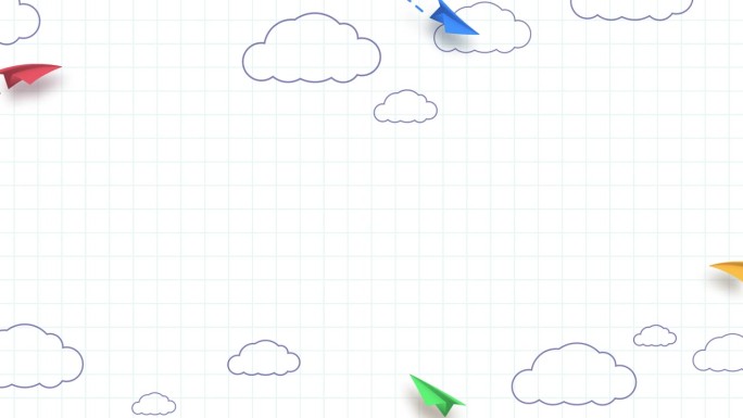 学校笔记本背景。3d在天空中飞着黄色、红色和蓝色的纸飞机，还有手绘的云。无缝循环卡通儿童飞机在空中动