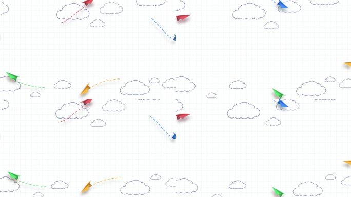 学校笔记本背景。3d在天空中飞着黄色、红色和蓝色的纸飞机，还有手绘的云。无缝循环卡通儿童飞机在空中动
