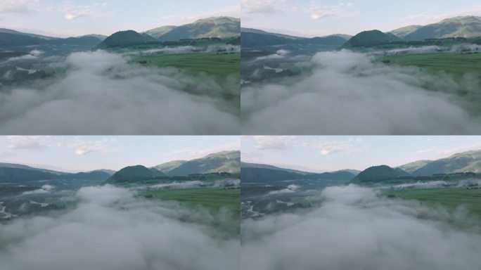 航拍夏季新疆禾木风景区的晨雾