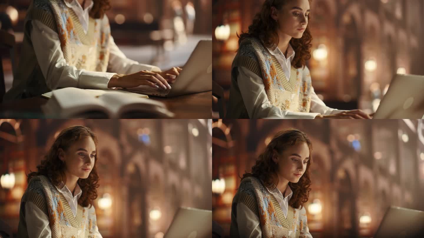 一个年轻时尚女性在笔记本电脑上工作，在纸质笔记本上做笔记的电影肖像。在古典木质内饰的公共图书馆学习的
