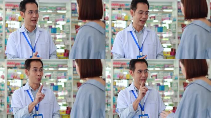 亚洲男药剂师在药房讲解如何正确服药治疗疾病。卫生保健中心
